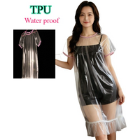 Women's Tpu Waterproof Transparent Pajamas, Non-toxic and Odorless Plastic Film Loose Round Neck Short Sleeve Ruffle Edge Sexy