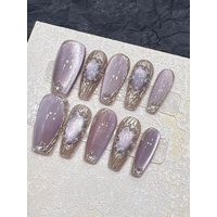 10pcs Handmade Press on Nails Purple Cat Eye Magic Mirror Miracle Angel Coverage Nail for Women&Girl Removable Wearable Nail