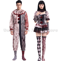 Adult Bloody Horror Clown Costume Women Gothic Harlequin Cosplay Dress with Gloves and Stockings Halloween Carnival Outfit