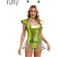 Womens Outer Space Alien Costume Holographic Shiny Metallic Robot Dress Skirted Bodysuit Halloween Cosplay Party Fancy Dress Up