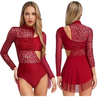 Womens Floral Lace Patchwork Skirted Leotard Gymnastics Ballet Bodysuit Lyrical Dance Contemporary Figure Skating Dance Costume