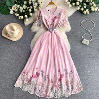 High End Fashion Floral Embroidery Elegant Dress Women's Lapel Short Sleeve High Waist Slim Long Dress Light Luxury Party Dress