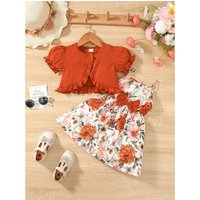 Vêtements pour enfants filles de 1 à 6 ans, ensemble 2 pièces, robe florale à bretelles, couleur unie, manches courtes, pardessus, Costume d'été, tenue pour filles