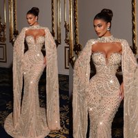 Designer Mermaid Evening Dresses For Women Sweetheart Neck Long Sleeves Gown Crystal Sequins Customized Dress