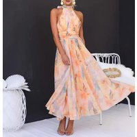 Womens Dresses 2025 Summer New Fashion Print Halter Sleeveless Sexy Backless High Waist Casual Daily Vacation Long Dress