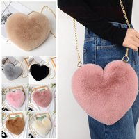 Women Heart Shaped Faux Fur Crossbody Bag Fluffy Plush Chain Shoulder Purse