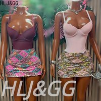 HLJ&GG Trend Y2K Sequin Mini Skirts Two Piece Sets Women Spaghetti Strap V Neck Bodysuits And Skirts Outfits Fashion Streetwear