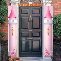 2D flat,2D door banner,2 pieces 2D flat polyester princess castle party door banner flag,pink princess door background, princess