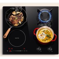 59cm Gas-Induktionskochfeld Einbaugerät 7500W 2x Induktion 4100W Boost 2x Gas 3400W Wok Timer Schwarz