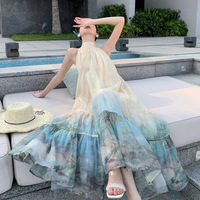 Vintage Casual Printed Dress for Women Summer New Fashion A-Line Pleated Party Birthday Sleeveless Dresses Female Clothes Robe