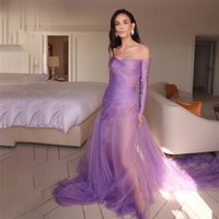Purple Tulle Party Dresses Off The Shoulder Full Sleeve Evening Dresses with High Split Mermaid in Formal Occasions Customized