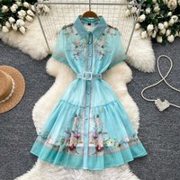 Women Floral Print Shirt Dress Summer Lapel Short Sleeve Single Breasted Belt High Waist A Line Holiday Casual Mini Dress