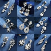 Hollow Leaf Branch Zircon Clip on Earrings No Piercing Silver Tone Big Teardrop Ear Clips for Women Wedding Bridal Party Jewelry