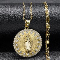 Luxury Virgin Mary Copper Zircon Medal Pendant Necklace for Women Men Stainless Steel Gold Color Our Lady Chain Jewelry collar