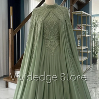 Customized Olive Green High Neck Muslim Evening Dresses Long Sleeve Shawl Beaded Lace Pleated Arab Prom Dressesفساتين سه