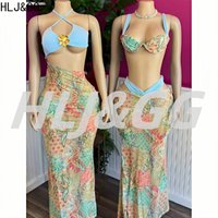 HLJ&GG Sexy Print Bandage Hollow 3 Piece Sets Women Spaghetti Strap Crop Top And Maxi Skirts Outfits Fashion Holidays Clothing