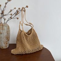 Vintage Crochet Tote Bag Handmade Large Capacity Hollow Mesh Design for Beach Vacation Summer Travel