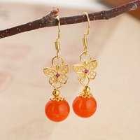 PANJBJ 925 Sterling Silve Nanhong Agate Drop Earring for Women Golden Butterfly Hollow Out Ethnic Jewelry Gift Dropshipping