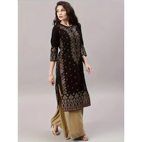 Women's Clothing Set, Casual Ethnic Style Round Neck Mid-Sleeved Dress, Mid-Length Skirt + Solid Color Elastic Waisted Pants Set