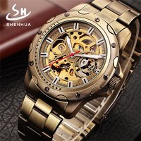 SHENHUA 9536A Men Automatic Mechanical Watch Bronze Skeleton Casual Men Watches Life Waterproof relogios masculino reloj hombre