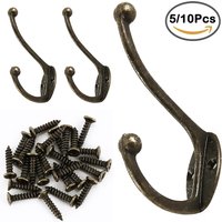 5/10Pcs Retro Hooks Bronze Wall-mounted Dual Prong Coat Rack Clothes Hanger Door Robe Hooks for Keys Hat Bathroom Towel Hooks