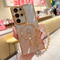 Heart Glitter Gradient Crystal Bracelet Case For Samsung S25 S26 Ultra Magnetic Cover For Samsung S24 Ultra S23FE S22 Soft Case