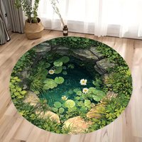 2D Stone Cave Koi Printed Carpet Anti Slip Mat in Lotus Pond Area Living Room and Bedroom Decorative Carpet Natural Landscape