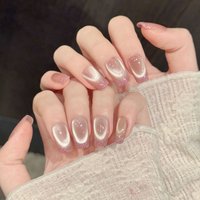 10Pcs Short French Pink Cat Eyes Press On Nails Hand-made Glitter Design Fake Nails Sweet Korean False Nail Tips Reusable