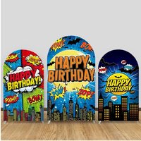 City Building Superhero Arch Backdrop Cover Colorful Skyscrapers Kids Birthday Baby Shower Party Decor Cake Portrait Background