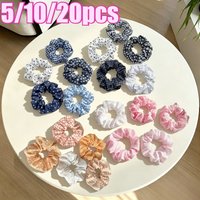 5pcs Polka Dot Print Hair Tie Elegant Cute Fabric Scrunchies with Flower Print Sweet Floral Dot Hair Band Academy Style Elegant