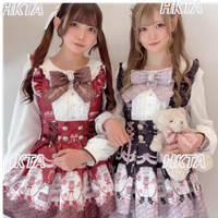 Japanese Spring Summer New Sweet Long Sleeve Dress Women Girls Dress Set Chocolate Print Dress Skirt Lolita Two Pieces Sets