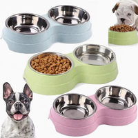 Healthy Safe Pet Double Bowl Feeding Set Colorful Wheat Straw Base Stainless Steel Liner Cat Dog Drinking Feeding Bowl Tableware