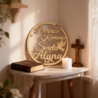 Personalized MY First Communion wooden logo, Three Kingdoms language wall decoration, engraved with custom name