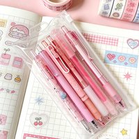 6Pcs Cute Pink Retractable Gel Pens Highlighter Set 0.5mm Black Ink, Kawaii Aesthetic School Stationery Set Ballpoint Pens
