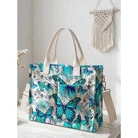 Vibrant Teal Butterfly & Floral Print Corduroy Tote Bag Large Capacity Multi Pocket Nature Lover Commuter Shoulder Bag