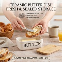 Ceramic Butter Pot with Sealed Bamboo Lid Butter Storage Container with Butter Knife for Kitchen Breakfast Baking Storage