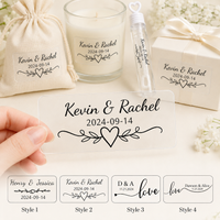 Personalized Transparent Wedding Favor Stickers, Custom Name Date Labels for Bubble Wands, Gifts, 4 Styles