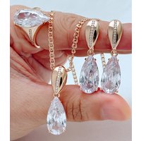 Kinel Shiny White Natural Zircon Water Drip Ring Earrings Necklace for Women Fashion 585 Rose Gold Color Daily 3Pcs Jewelry Sets
