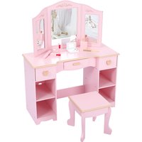 Kids Vanity Table and Chair Set Wooden Dressing Tables with Tri-Folding Mirror Study Desk Girls Make up Desk for Children Room