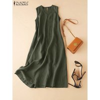 ZANZEA Plus Size Cotton Sleeveless Dresses 2025 Summer Womens Casual V Neck Solid Sundress Loose Vestidos Vintage Robes Femme