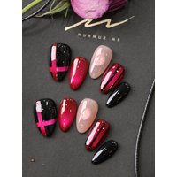 10Pcs Press on Nails Short Rose Red Cat Eyes Black Fake Nails Includes 1 Sheet of Adhesive Tabs & 1 Pc Mini File