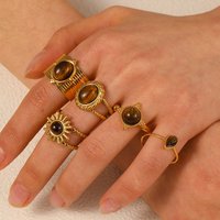 Vintage Natural Tiger's-eye Stone Geometric Gold Plated Stainless Steel Ring Trendy Fashion Ring Jewelry