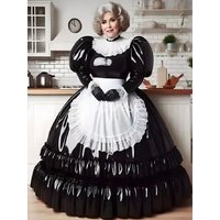 PVC French Maid Black Prom Dress With White Apron Halloween Cospaly Plus Size Evening Dresses 2025 Aesthetic Lolita Customized