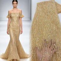 New Gold Color Latest Africa Embroidered Tulle Net Fabric Luxury Beads High Quality Luxury Sequins Evening Party Dress Sewing