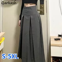 Pleated Skirts Women Gray Loose High Waist All-match Preppy Style Folds Simple Girls Streetwear Classic Autumn Temper Clothing