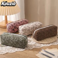 Floral Corduroy Pencil Case, Large Capacity Zipper Pen Pouch Stationery Organizer for School and Office - KOUZIO