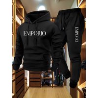 2026 Herren 2-teiliger Trainingsanzug Olivgrün mit Schriftzug, Kapuzenpullover mit Kordelzug, Multi-Pocket Cargo Sweatshirt und Jogginghose Set