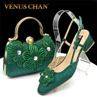New Italian Pumps and Bag To Party 2026 INS Style Pointed-Toe Rhinestone Elegant High Heels Green Color Wedge for Women