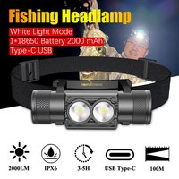 H25 Dual White LED Headlamp 2000LM Powerful Headlight Type-C Rechargeable 18650 Head Torch Waterproof Camping Fishing Lantern