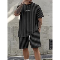 Men's summer striped letter print comfortable and breathable round neck T-shirt drawstring shorts set outdoor casual clothing